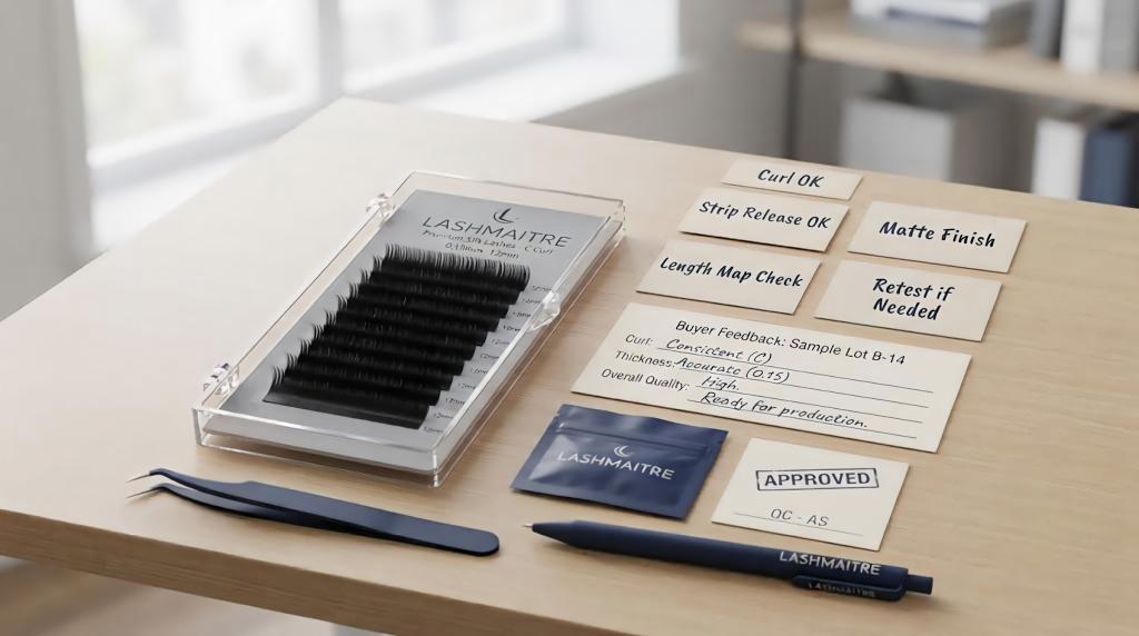 LASHMAITRE approved lash sample with curl check, strip release check and buyer feedback notes