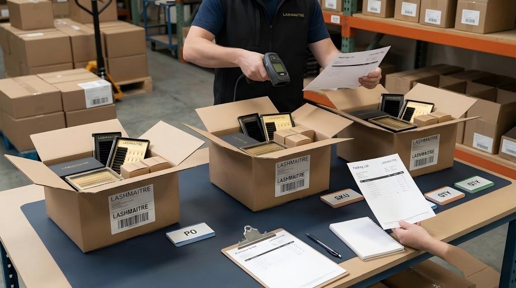 LASHMAITRE lash shipment cartons reconciled to purchase order packing list SKU and quantity