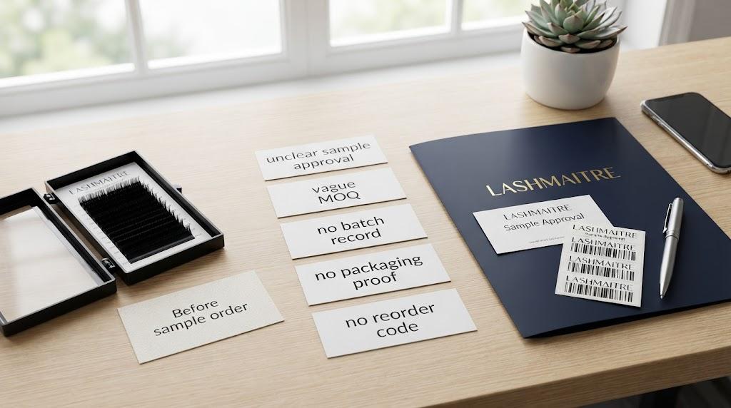 LASHMAITRE lash supplier screening scene with sample tray, warning cards for unclear sample approval, vague MOQ, no batch record, no packaging proof, and no reorder code.