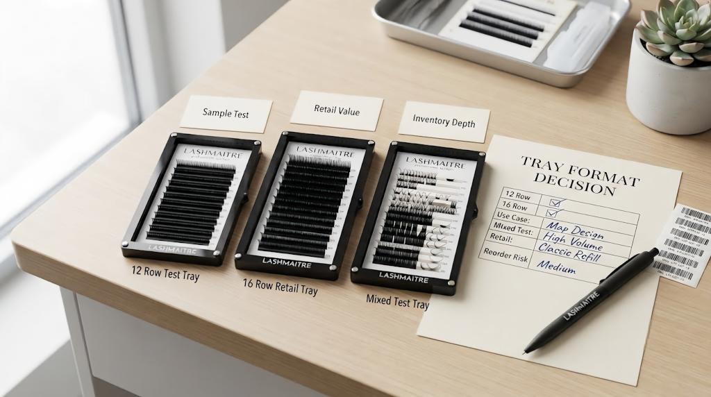 LASHMAITRE tray format decision with 12 row test tray, 16 row retail tray and mixed test tray