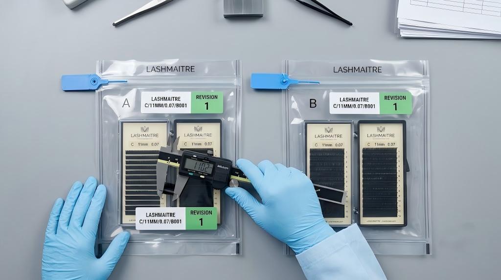 Matching LASHMAITRE approved lash sample copies with revision labels and measurement evidence