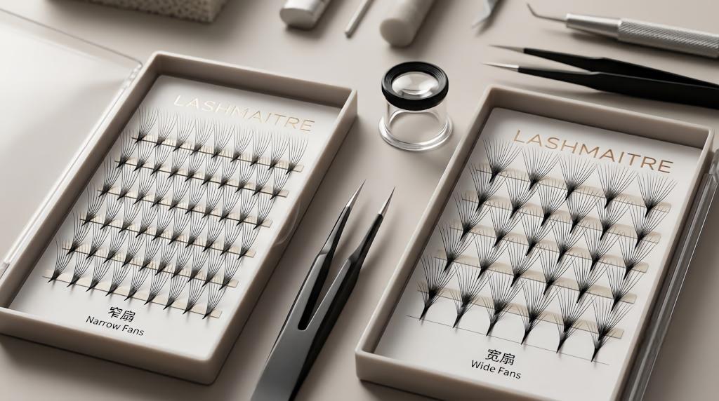 LASHMAITRE narrow and wide premade lash fans compared by fan spread and pointed base