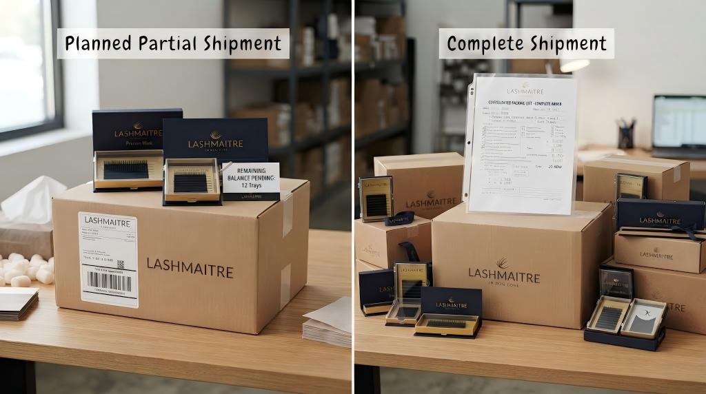 Partial lash shipment compared with a complete LASHMAITRE wholesale order