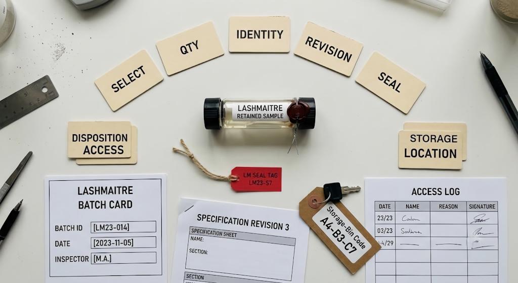 LASHMAITRE retained sample with batch identity revision seal storage and access records