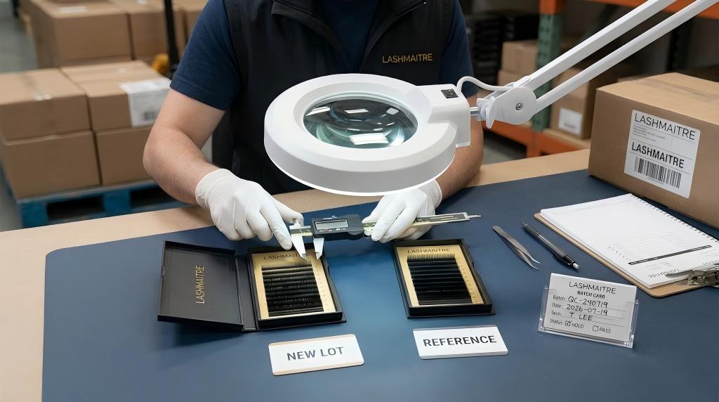 Incoming LASHMAITRE lash tray measured against an approved reference during receiving inspection