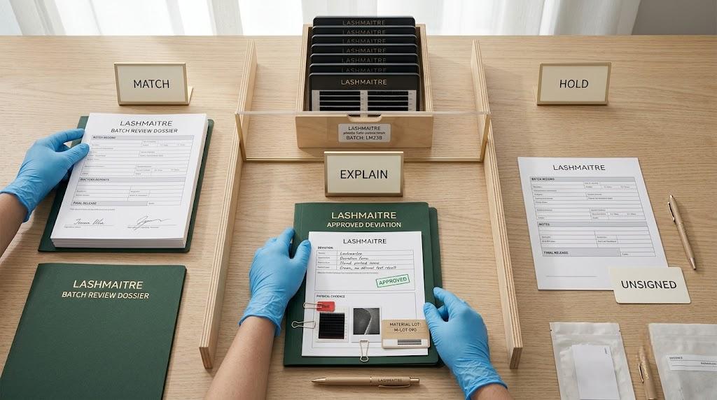 Match explain and hold decisions during LASHMAITRE lash batch record review