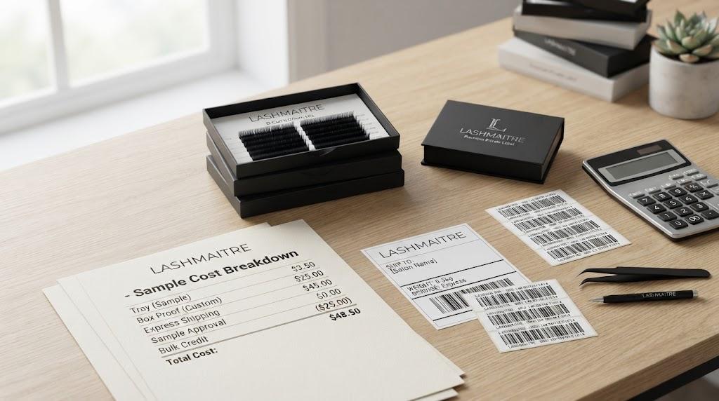 LASHMAITRE sample cost breakdown worksheet with lash tray, sample box, calculator and shipping label