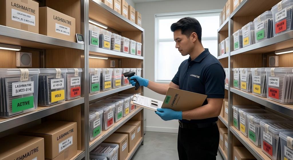 LASHMAITRE technician retrieving an identified retained lash sample from controlled storage