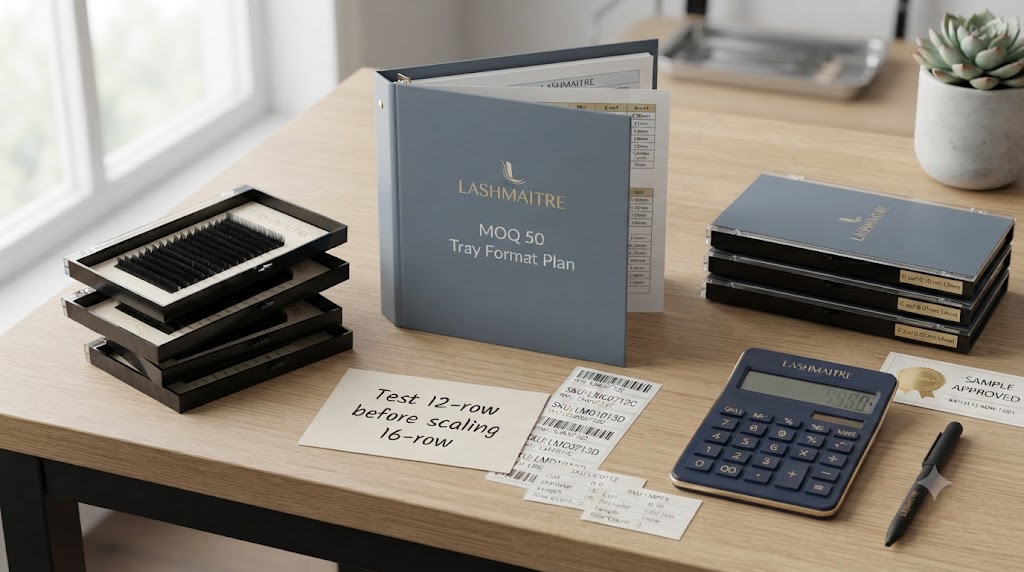 LASHMAITRE MOQ 50 tray format plan with test 12 row before scaling 16 row note and sample approval record