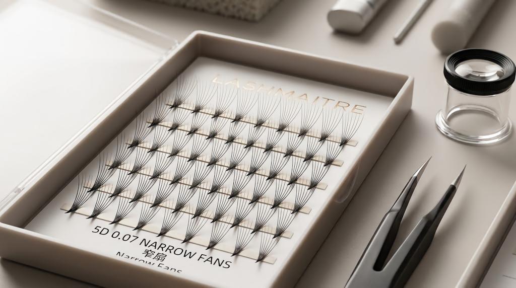 LASHMAITRE 5D narrow premade lash fans with fine fibers and tapered pointed roots