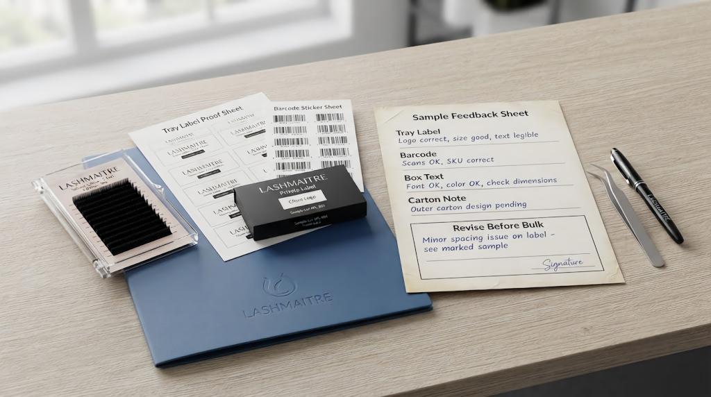 Private label lash sample feedback sheet with tray label proof, barcode sheet and box text notes