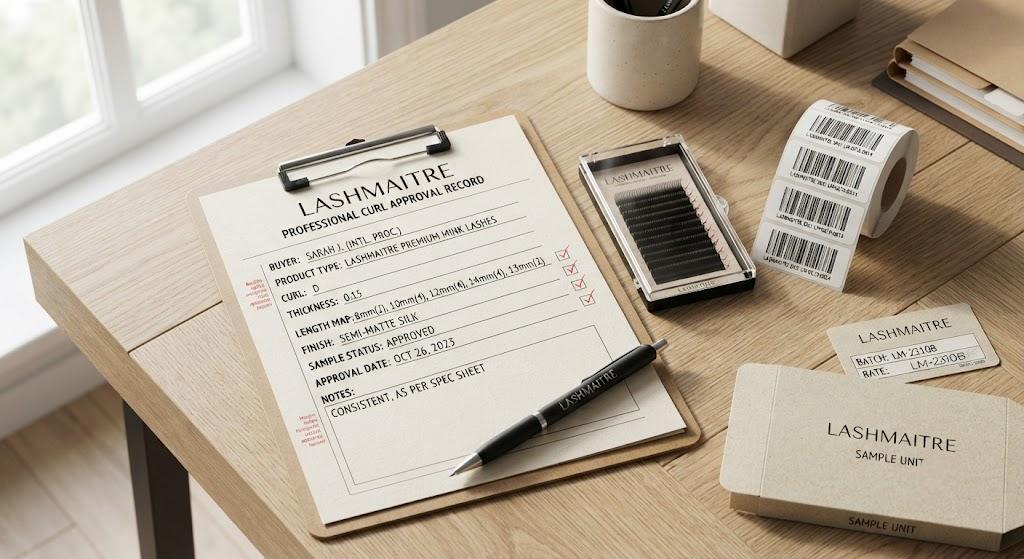 LASHMAITRE lash curl confirmation guide with professional curl approval record sample tray and barcode labels