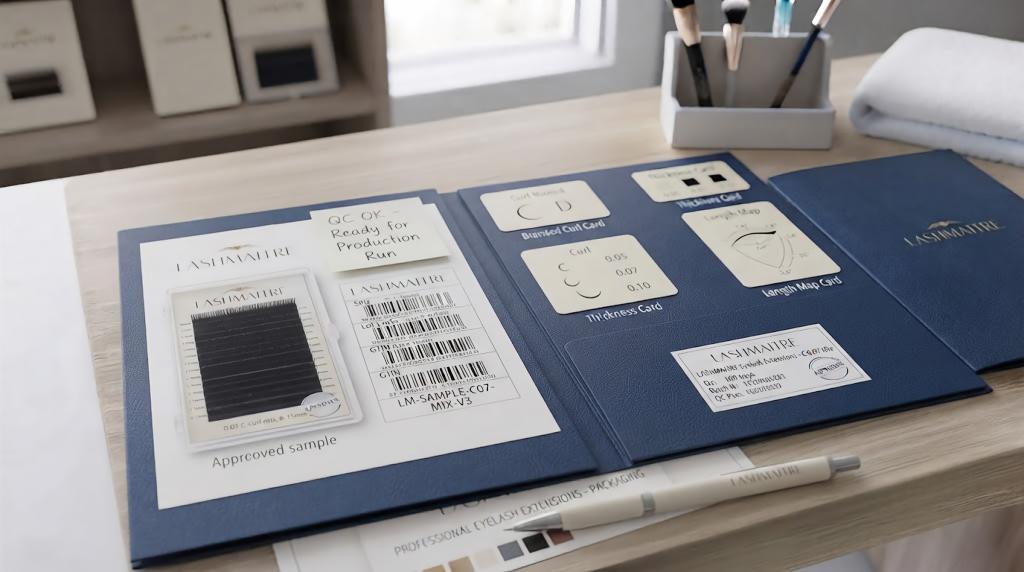 LASHMAITRE sample reference folder with approved sample, barcode sheet, curl card, thickness card and length map card