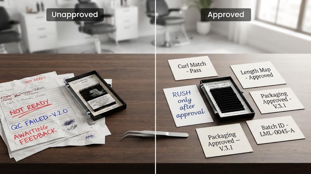 Comparison of unapproved and approved rush lash order records with packaging, curl match and batch ID checks