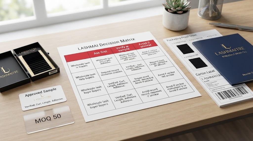 LASHMAITRE wholesale lash supplier decision matrix with approved sample, MOQ 50 card, packaging proof sheet, carton label, and reorder file.