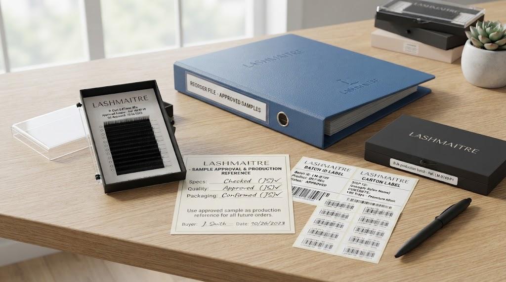 Approved LASHMAITRE lash sample used as production reference with batch label and reorder folder