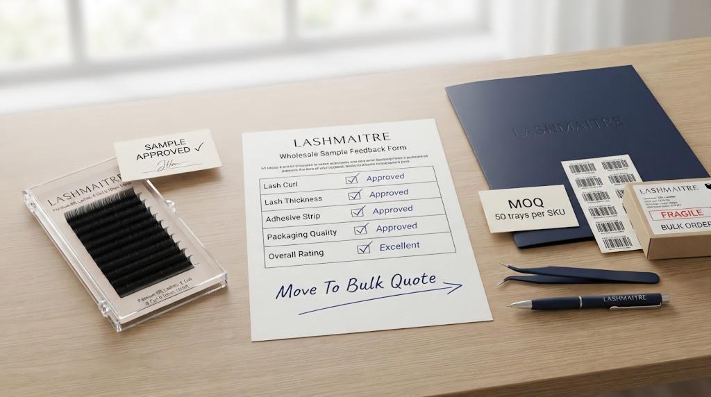 LASHMAITRE approved sample feedback form showing move to bulk quote with MOQ 50 note