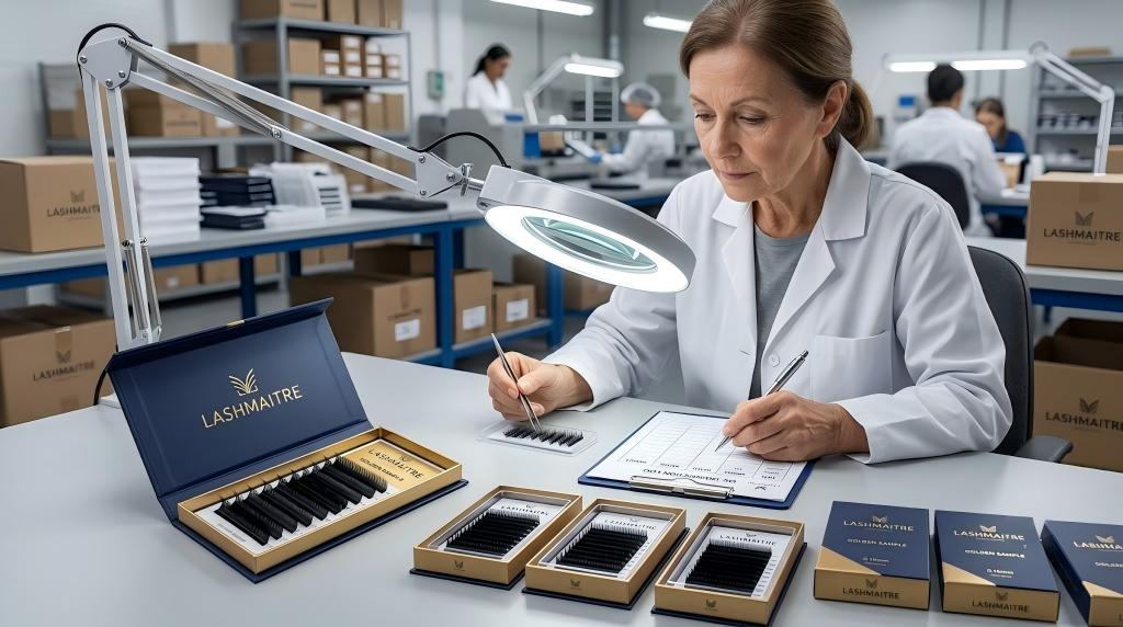 LASHMAITRE quality inspector comparing production lash trays with the golden sample