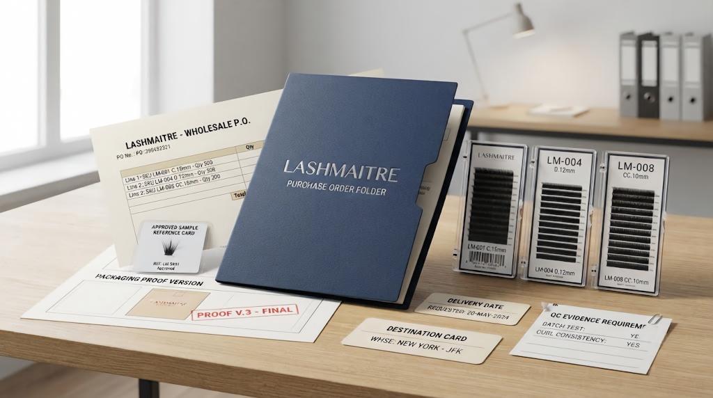 LASHMAITRE purchase order document set with approved sample packaging proof delivery and QC records