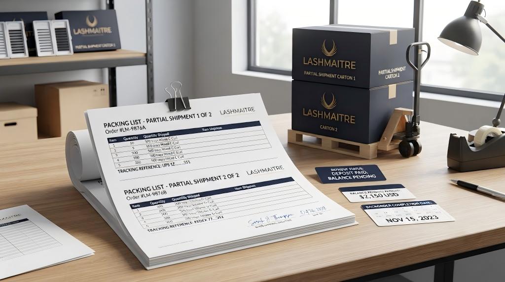 Partial lash shipment packing lists and LASHMAITRE carton balance records