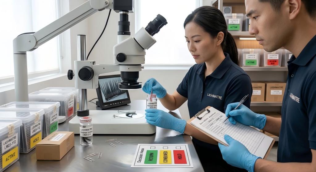 LASHMAITRE quality team examining a retained lash sample and recording authorized access