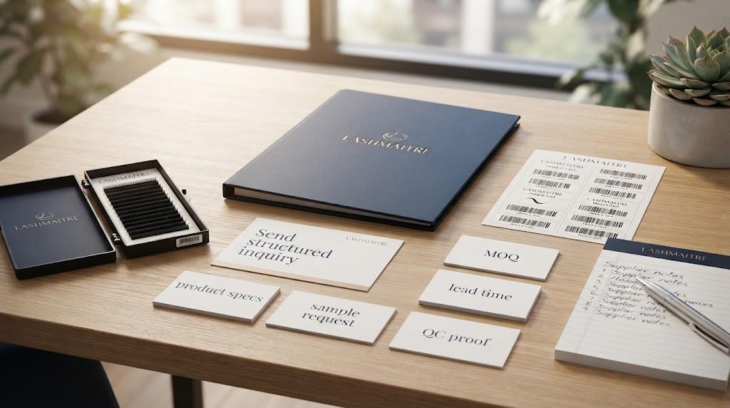 LASHMAITRE structured wholesale lash inquiry scene with product specs, sample request, MOQ, lead time, QC proof, barcode labels, and supplier notes.