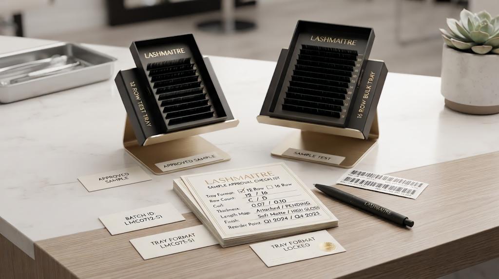 LASHMAITRE tray format locked record with 12 row test tray, 16 row bulk tray, sample list and reorder point