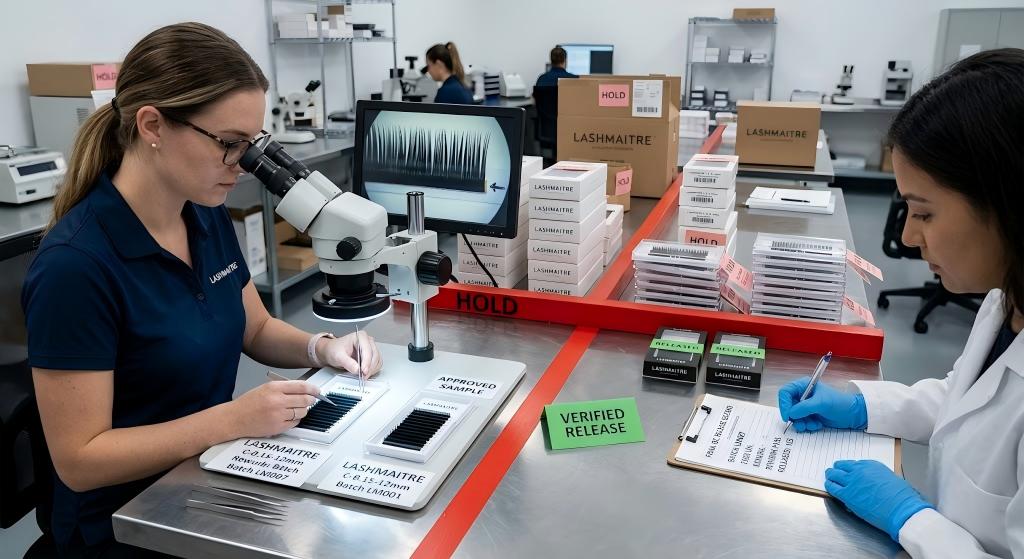 Authorized verification and release of a corrected LASHMAITRE lash batch