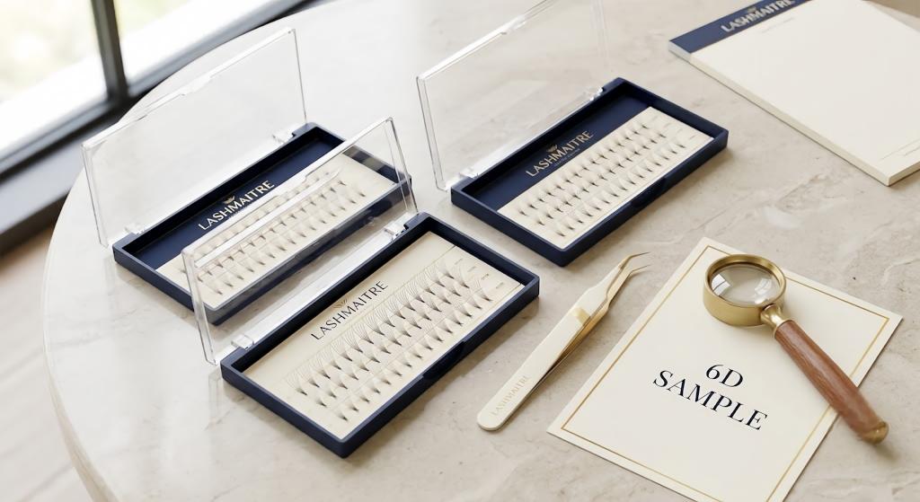 LASHMAITRE 6D premade lash fan trays with sample reference magnifier and inspection tools