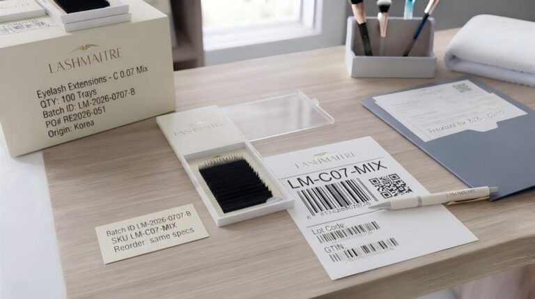 LASHMAITRE lash batch ID record with SKU barcode label, lot code and GTIN for wholesale reorder traceability