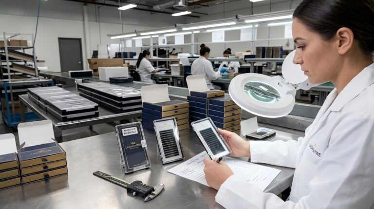LASHMAITRE quality inspector comparing first production lash trays with an approved reference