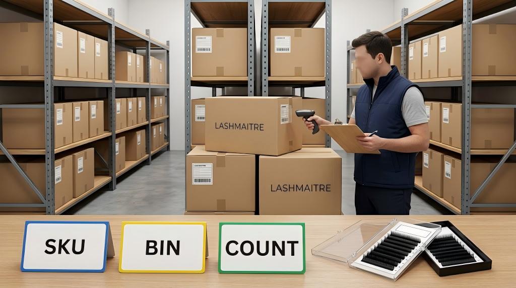 Lash inventory cycle count by LASHMAITRE SKU bin and physical quantity