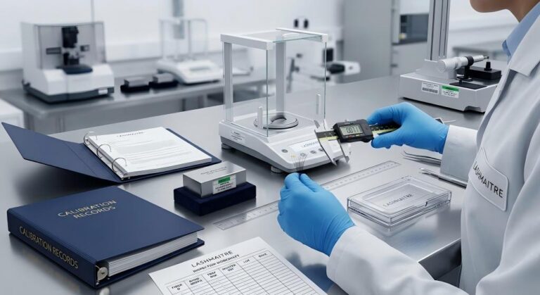 Lash calibration records reviewed with measurement equipment by a LASHMAITRE technician
