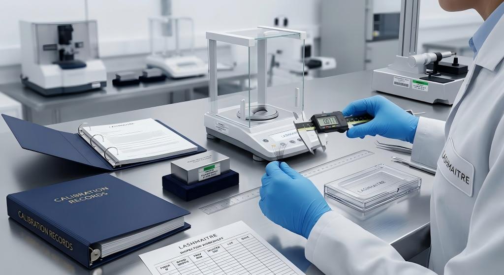 Lash calibration records reviewed with measurement equipment by a LASHMAITRE technician