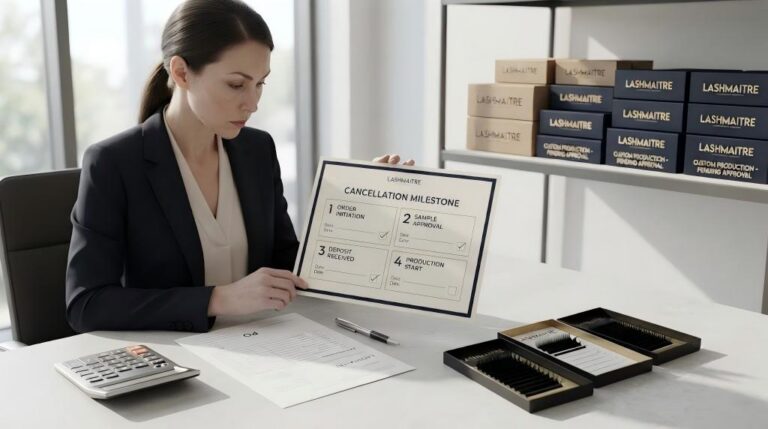 Lash order cancellation terms reviewed before a LASHMAITRE buyer pays a production deposit