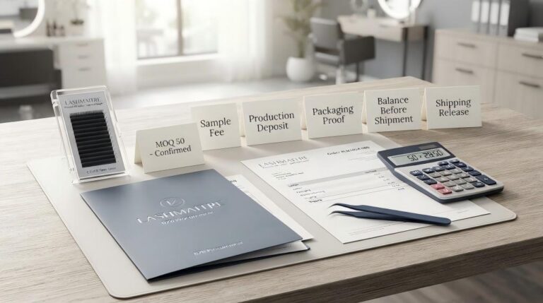 LASHMAITRE lash order payment terms with sample fee production deposit packaging proof balance before shipment and shipment release