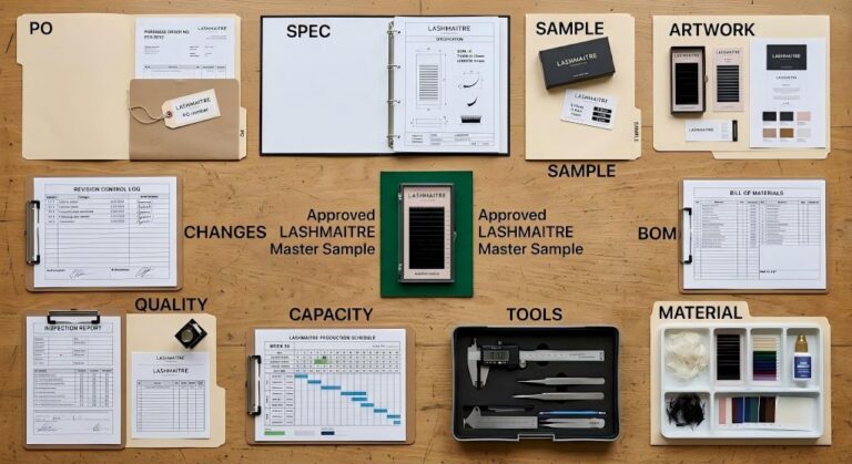 Lash production readiness evidence for PO specification sample artwork BOM material tools capacity quality and changes