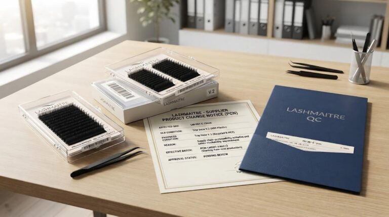 Lash supplier change notice comparing previous and proposed LASHMAITRE product conditions