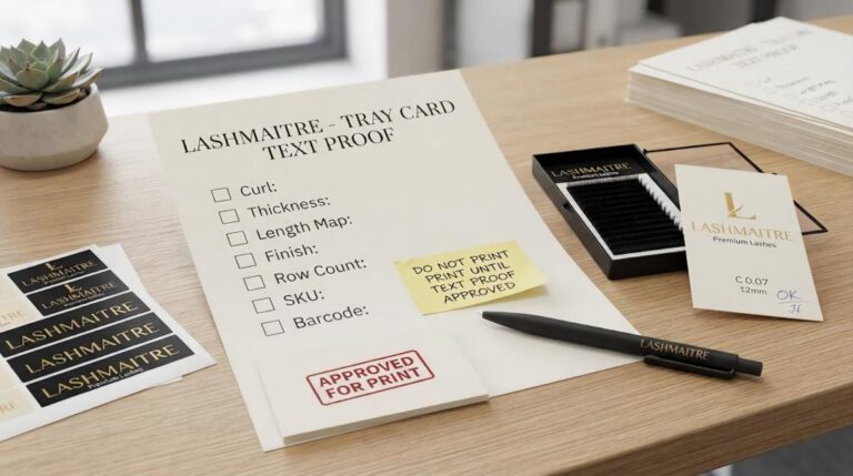 LASHMAITRE lash tray card text proof checklist with curl, thickness, length map, finish, row count, SKU and barcode fields
