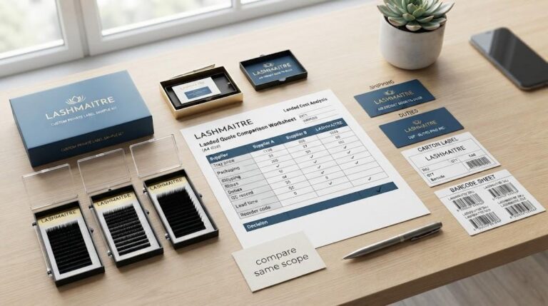 LASHMAITRE wholesale lash quote comparison template with private label sample box lash trays shipping cards duties cards carton label barcode sheet and decision checklist