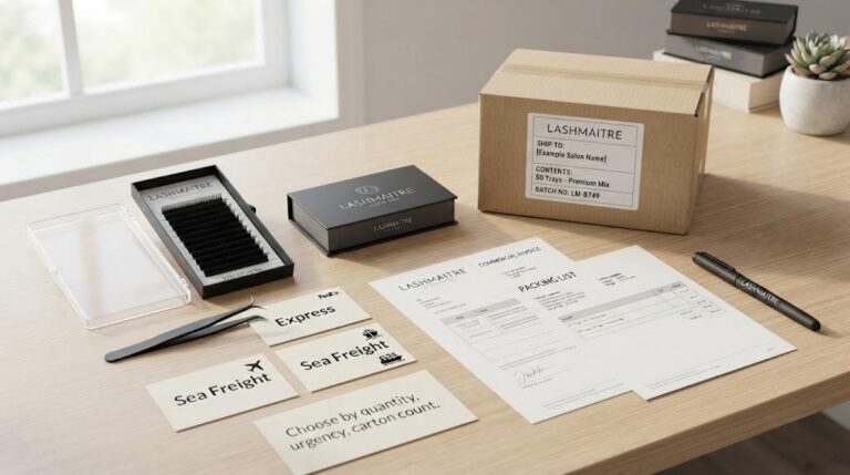 LASHMAITRE wholesale lash shipping comparison with sample tray carton invoice packing list and shipping method cards
