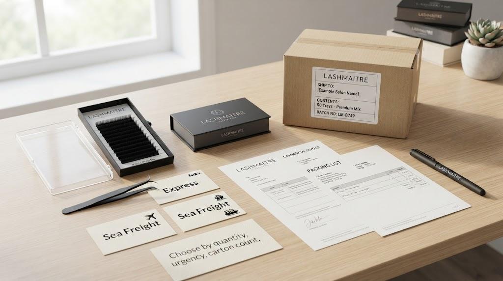 LASHMAITRE wholesale lash shipping comparison with sample tray carton invoice packing list and shipping method cards