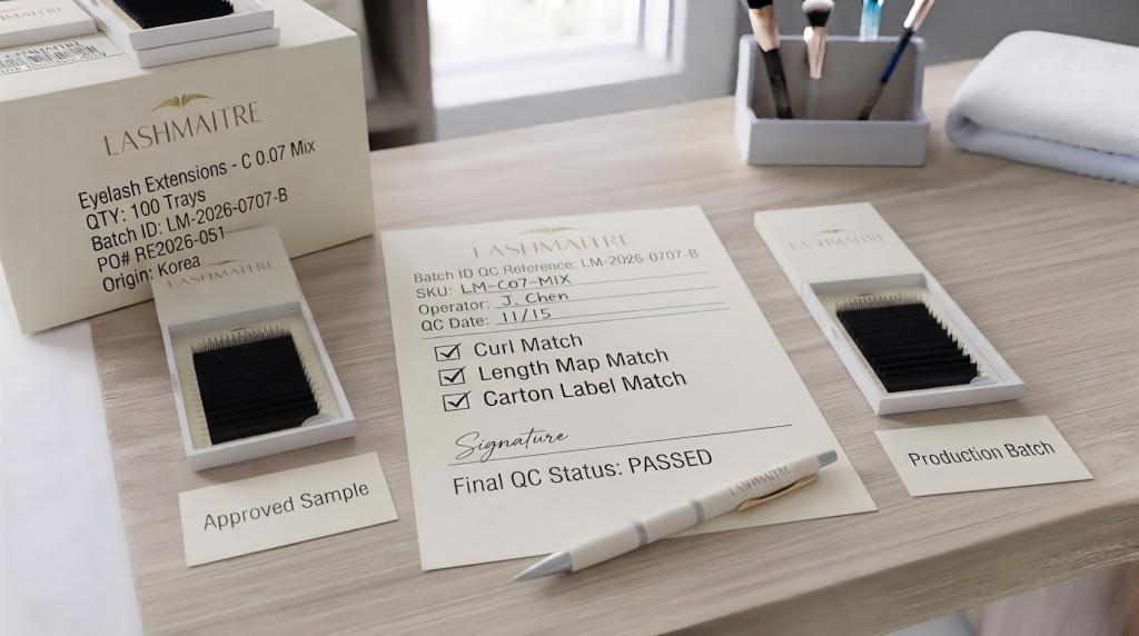 LASHMAITRE approved sample and production batch with curl match, length map match and carton label match QC record