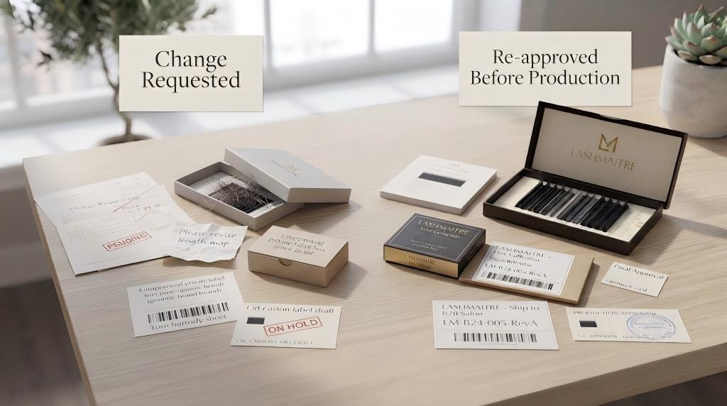 LASHMAITRE change requested and re-approved before production scene with revised labels, packaging and sample records