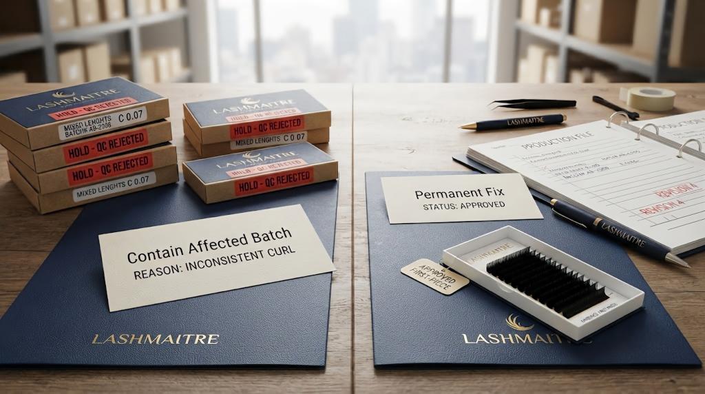 LASHMAITRE defect containment and permanent corrective action workflow for a lash production batch