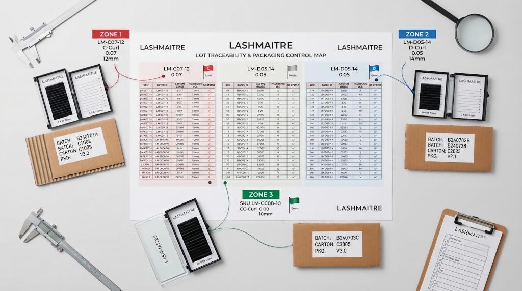LASHMAITRE lash inspection lot traceability map with SKU batch carton and packaging version
