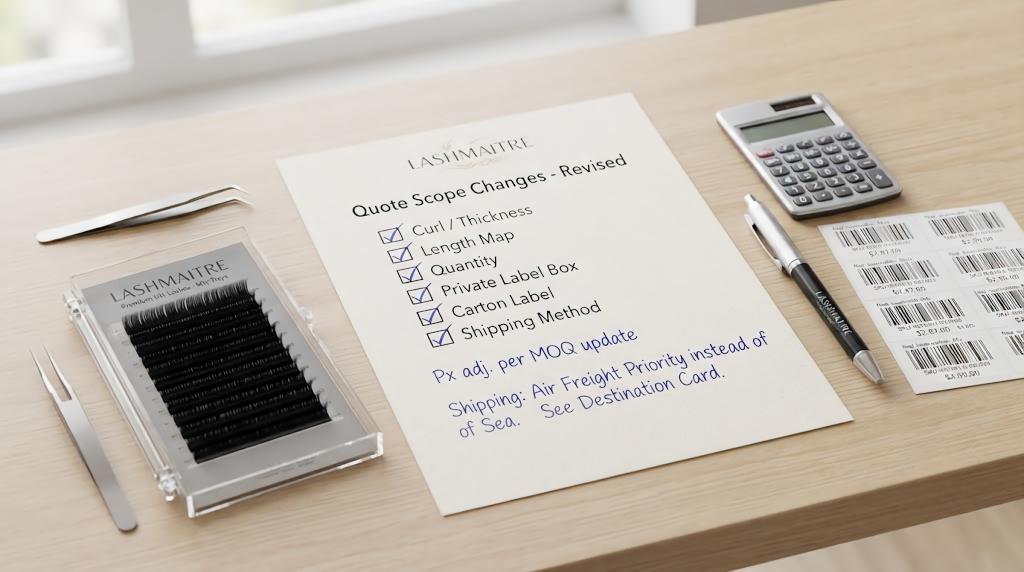 LASHMAITRE quote scope changes sheet with curl, length map, quantity, private label box and shipping method checked