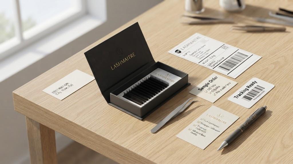LASHMAITRE express courier sample shipment with tracking label and sample approval card