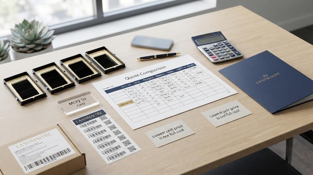 LASHMAITRE quote comparison table with MOQ 50 card, lash trays, barcode labels, calculator, and reminders that lowest unit price is not full cost.