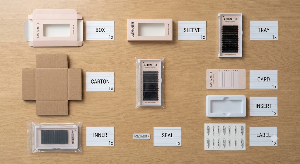 LASHMAITRE private label lash packaging components arranged by box sleeve tray card insert label seal inner and carton